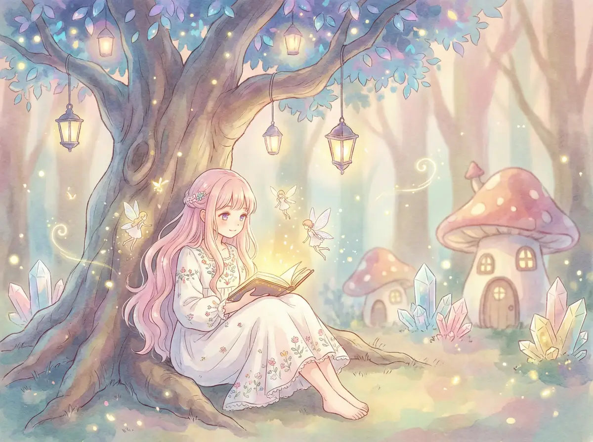 你来自那颗星 - 魔法森林中阅读故事书的粉发少女与精灵